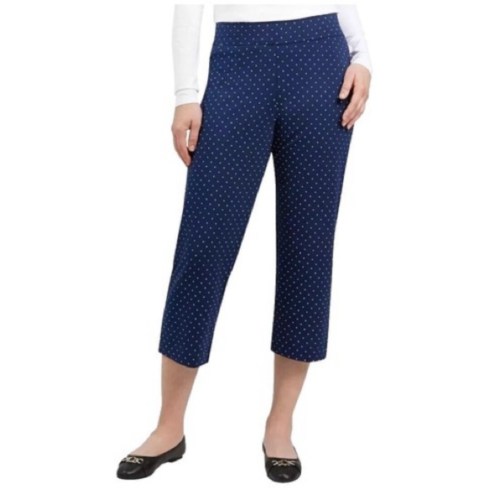NWT Lands End Shore Stretch Knit Capri Pants Pull On - Navy Polka Dot